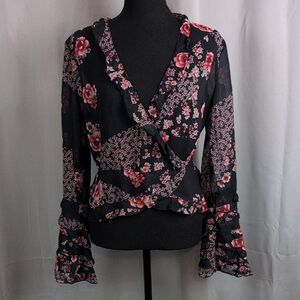 The Fifth Label Black Floral Blouse Wrap Style Medium Sheer